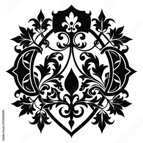 Intricate Black Floral Motif with Shield and Ornate Foliage Vector Illustration