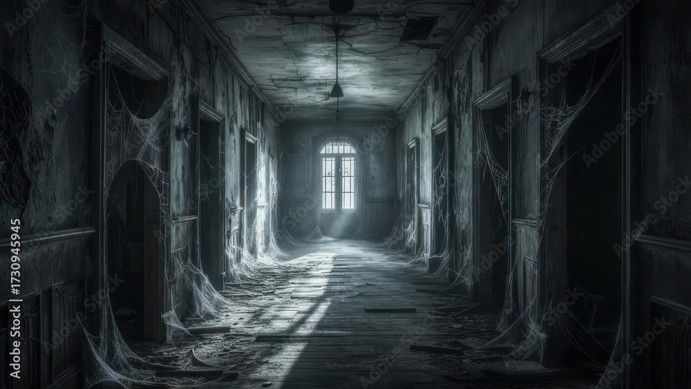 Fototapeta premium Creepy Abandoned Asylum Corridor with Sunlight and Shadows.