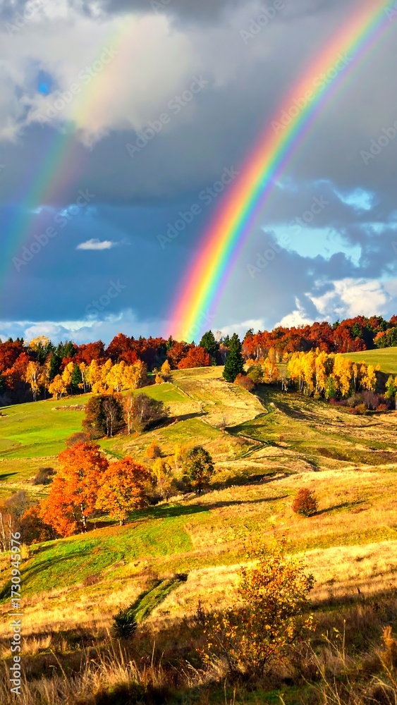 Obraz premium Autumnal landscape with double rainbow