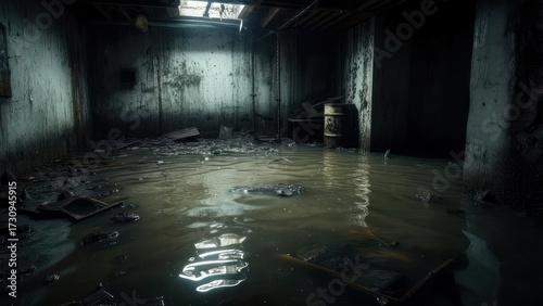 Wallpaper Mural Dark, flooded basement with debris and reflections, creating a spooky and abandoned atmosphere. Torontodigital.ca