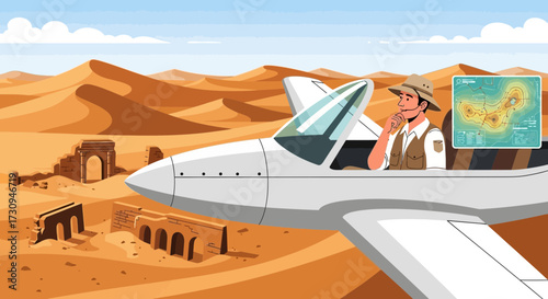 Airborne explorer navigating sandy dunes using ancient maps for undiscovered treasures