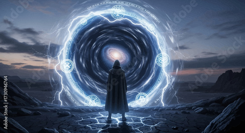 A hooded figure facing an astral portal amidst a desolate, otherworldly landscape