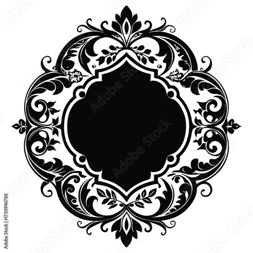 Ornamental Black Frame with Floral and Scroll Elements, Elegant Vector Design Template