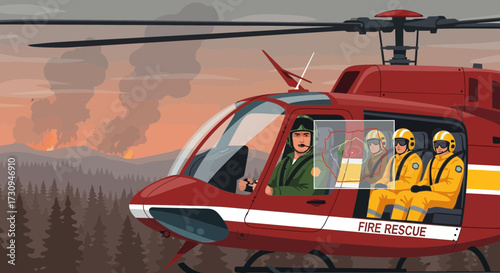 Fire rescue helicopter team surveys a forest fire for emergency wildfire response