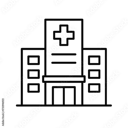 Simple line art icon of a modern hospital building with a medical cross