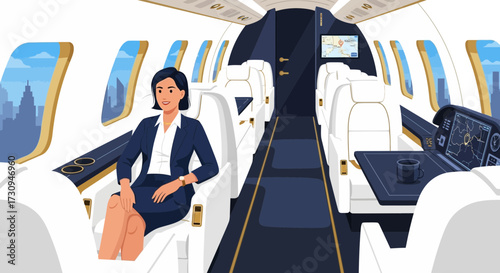 Elegant businesswoman traveling in luxury private jet cabin overlooking cityscape