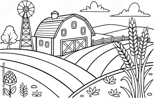 Quaint Countryside Scene Farm Barn Windmill Wheat Fields