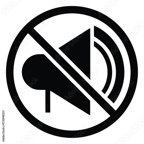 Black No Sound Symbol, Circle with Line Through Speaker and Sound Waves