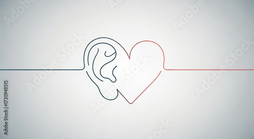 Minimal abstract illustration of ear and heart combined, symbolizing care and listening.