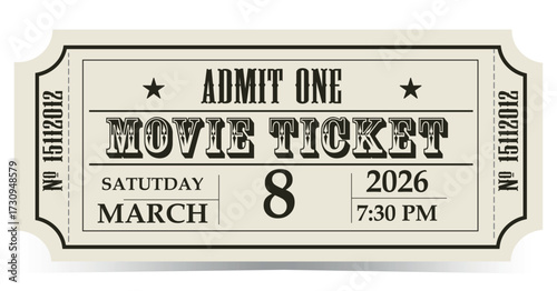 vintage movie tickets. A vintage-style cinema or theater ticket in gray and black on a transparent background with a shadow vector template.