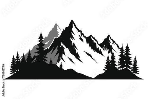 Mountainscape Silhouette with Evergreen Trees and Rolling Hills in Grayscale Vector Illustration