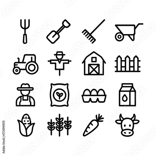 Farm animals and crops icon set. Outline symbols. Line design