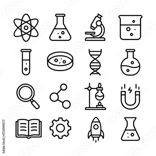 Science laboratory equipment icon set. Outline symbols. Line design