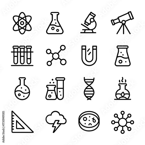 Scientific research laboratory icons collection. Outline symbols. Line design