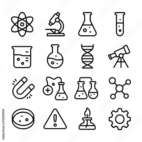Chemistry biology physics icon collection. Outline symbols. Line design
