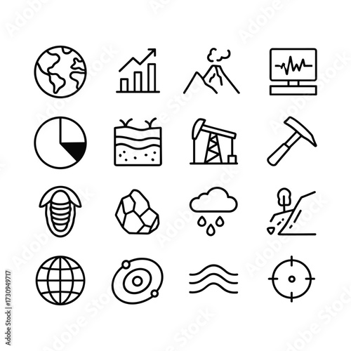 Earth science and geological exploration icon pack. Outline symbols. Line design