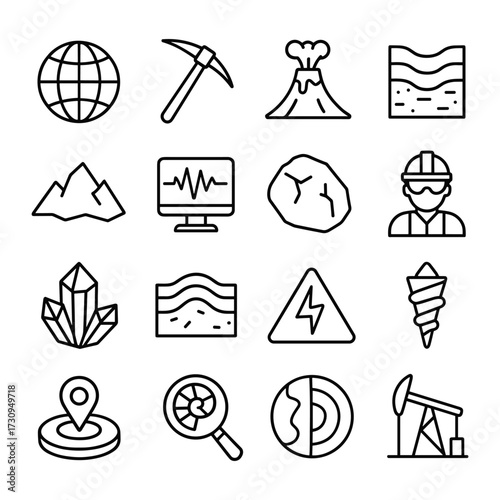 Rock formation and mineral analysis icon series. Outline symbols. Line design