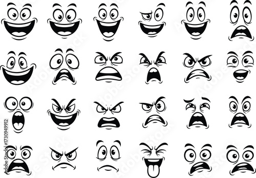 Collection of hand drawn cartoon faces expressing diverse emotions silhouette