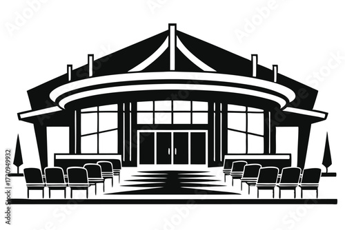 Monochrome Illustration of a Building with a Distinctive Roof and Seating Arrangement