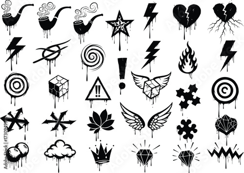 Urban graffiti style icon set drip paint spray paint symbols silhouette