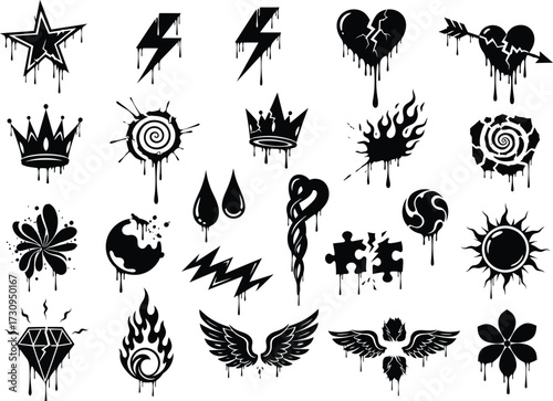 Graffiti style icons set diverse spray paint grunge elements collection silhouette