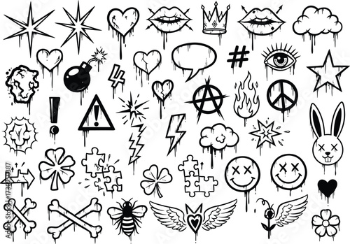 Graffiti style icons set with punk rock and pop culture motifs silhouette