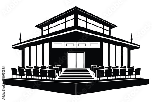 Black and White Vector Illustration Auditorium with Balcony, Stage, Seating, and Stairs