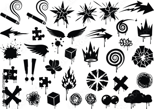 Graffiti elements collection abstract spray paint shapes and symbols black silhouette