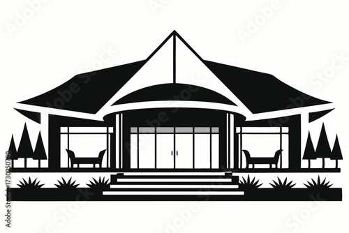 Architectural Silhouette of a Modern House with Geometric Roof and Manicured Landscape