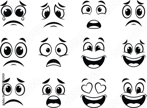 Set of cartoon faces expressing various emotions and feelings silhouette