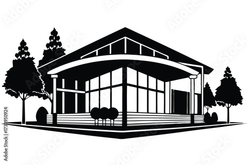 Modern Black and White Home Illustration with Gable Roof and Lush Tree Silhouettes