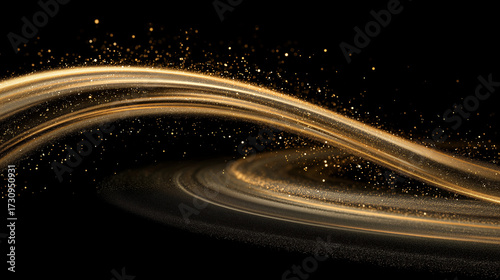 Trail Golden Light Trails and Sparkling Particles on Black Background