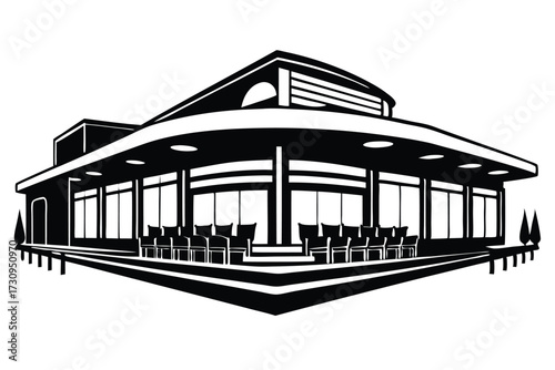 Black and White Line Drawing of a Restaurant with Outdoor Seating Area