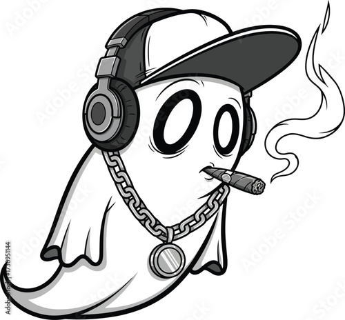 Cool ghost character with headphones and cigar silhouette