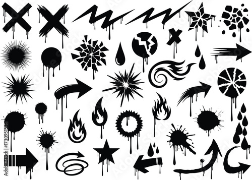 Graffiti elements and spray paint drips for urban art designs silhouette