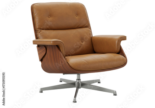 Modern brown leather armchair isolated, contemporary lounge chair with wood frame and metal base for living room or office furniture