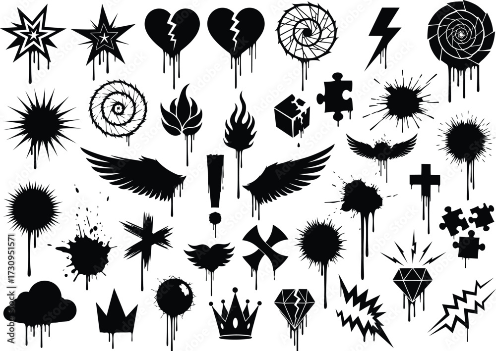 Obraz premium Graffiti elements set spray paint drips grunge symbols collection silhouette