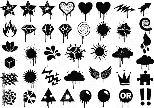 Diverse graffiti spray paint splatter icons and symbols set silhouette