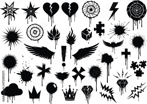 Graffiti elements set spray paint drips grunge symbols collection silhouette