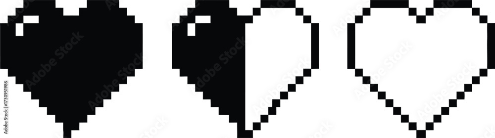 Fototapeta premium Pixelated heart icons set full half outline styles silhouette