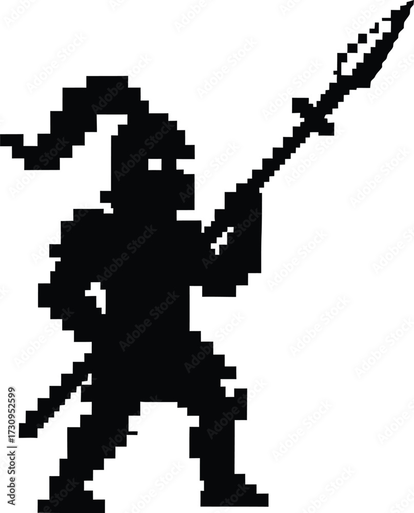 Fototapeta premium Retro pixel art warrior holding spear silhouette warrior silhouette silhouette