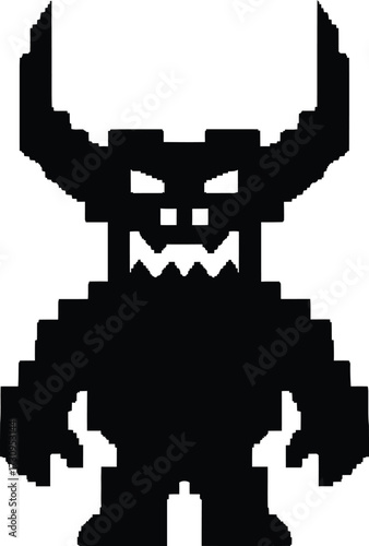 Pixel art monster silhouette with horns and spiked teeth silhouette