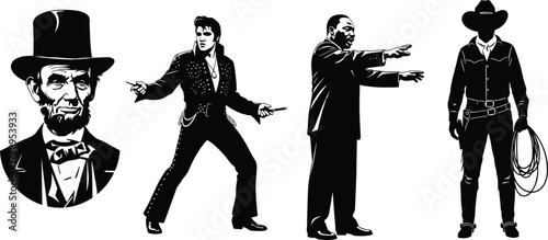 "Vector illustration of famous historical leader, cultural icons, musician performer and cowboy figure in retro black and white style"
