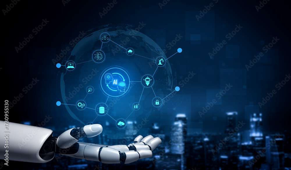 Fototapeta premium AI enables collaborative intelligence by linking robotics, machine learning, and data systems to automate operations and improve real-time decision-making. Vouch