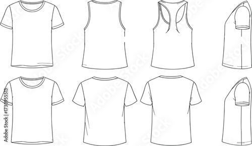 PrintT-shirt and tank top fashion sketch, front back side views, technical garment illustration, vector template for clothing design, sewing pattern reference