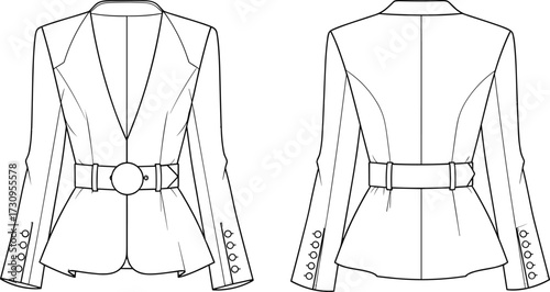 PrintWomen's belted blazer fashion technical sketch, front and back view, vector illustration, garment construction, tailoring design, stylish formal wear, apparel template