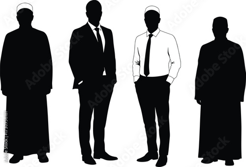 "Vector illustration of male silhouettes in traditional clothing and modern business attire including suit, shirt, tie, and cultural dress design"