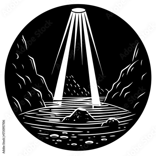 Underwater Cave System Silhouettes with Sunlight Beams Penetrating Dark Grotto
