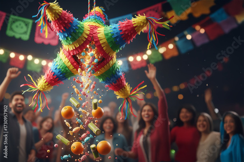 Festive Star Piñata Bursting with Candies and Oranges During Mexican Posadas – Perfect for Christmas Celebrations & Cultural Design
