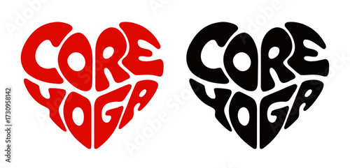 Heart-shaped sticker set featuring "CORE YOGA" in colorful and black design. Strength-based yoga combining power yoga and cardio with traditional poses (asans)